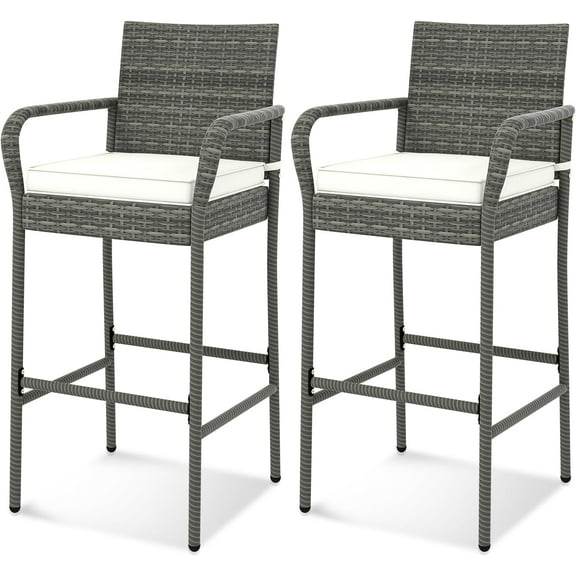 2 Pcs Outdoor Wicker Rattan Patio Bar Stools Counter Bar Height Chairs,Cushions,Mix Gray