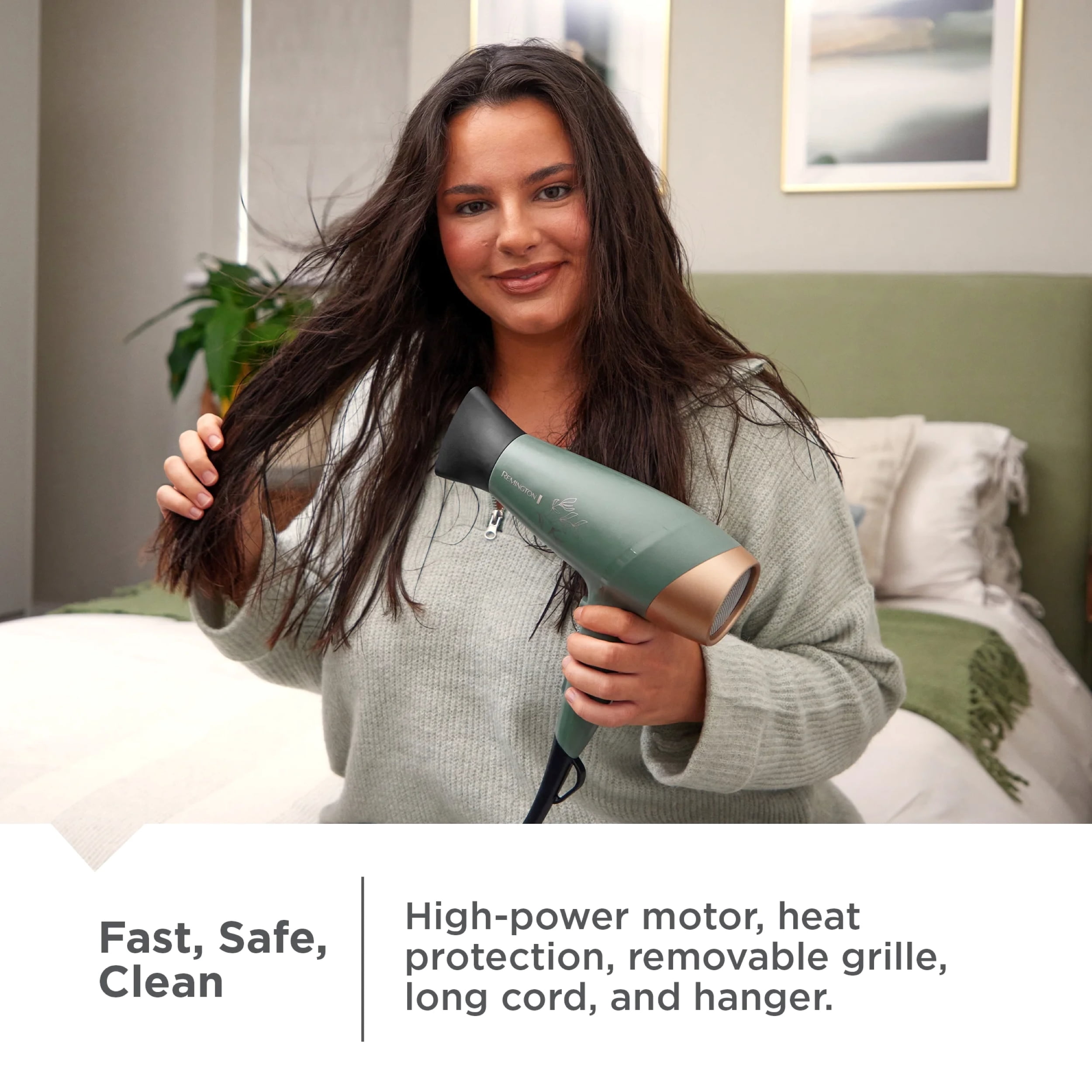 Remington Botanicals Hair Dryer, Ceramic, 6 Heat Settings, Cool Shot, Green