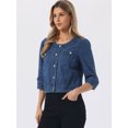 thumbnail image 3 of DARING DIVA Women's Casual 3/4 Sleeve Button Up Cropped Denim Jacket L Medium Blue, 3 of 6