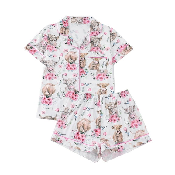 ATAIKU S-XXL Womens Pajama Set Floral Cow Print Short Sleeve Button Down Sleepwear Top and Shorts 2 Piece Pjs Lounge Set
