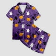 thumbnail image 5 of CAUYDY Girls Halloween Pajamas 2 Piece Cute Ghost Pumpkin Button Down Spooky Pjs Short Sleeve and Shorts Matching Lounge Set(Purple,4-5 Y), 5 of 5