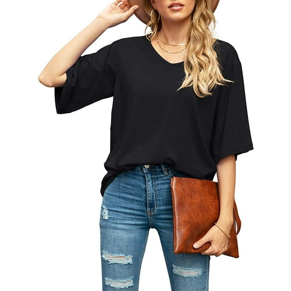 Women's Blouse Tops Loose V Neck 3/4 Bell Sleeve Shirt