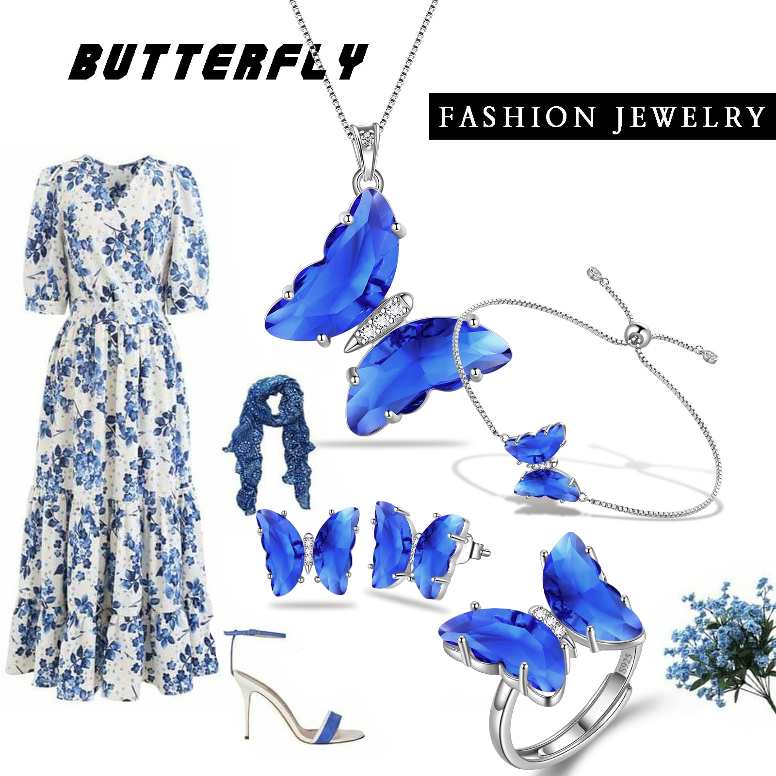 Blue Butterfly Jewelry Sets 5PCS,Necklace Earrings Bracelet Ring September Birthstone Jewelry Set Sapphire Crystal Sterling Silver Women Mother's Day Gift