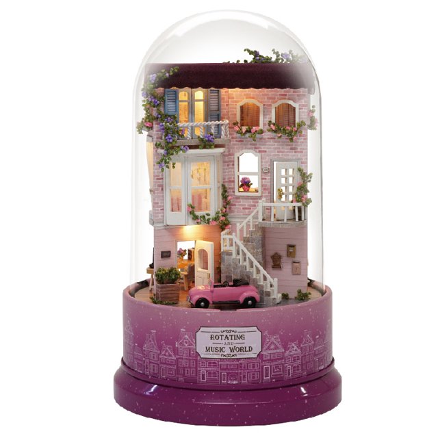 Cute Dollhouse DIY Miniature with LED Light Forest Rotate Music Box with Dust Cover