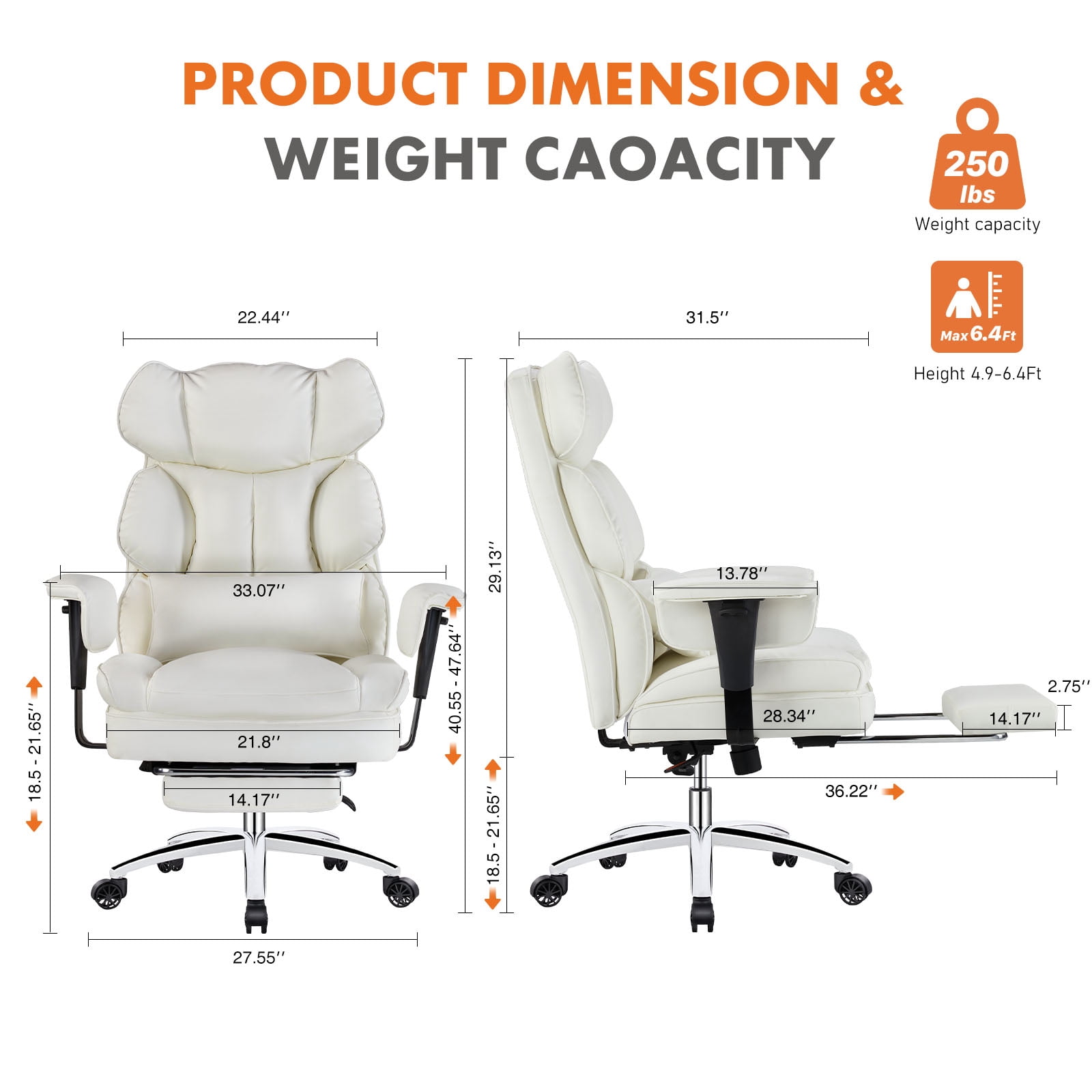 GIANNA Executive Home Office Desk Chair Ergonomic Big Tall High Back with Footrest & Lumbar Support, Reclining Height Adjustable Comfy PU Leather Computer Gaming with Swivel Wheels, White