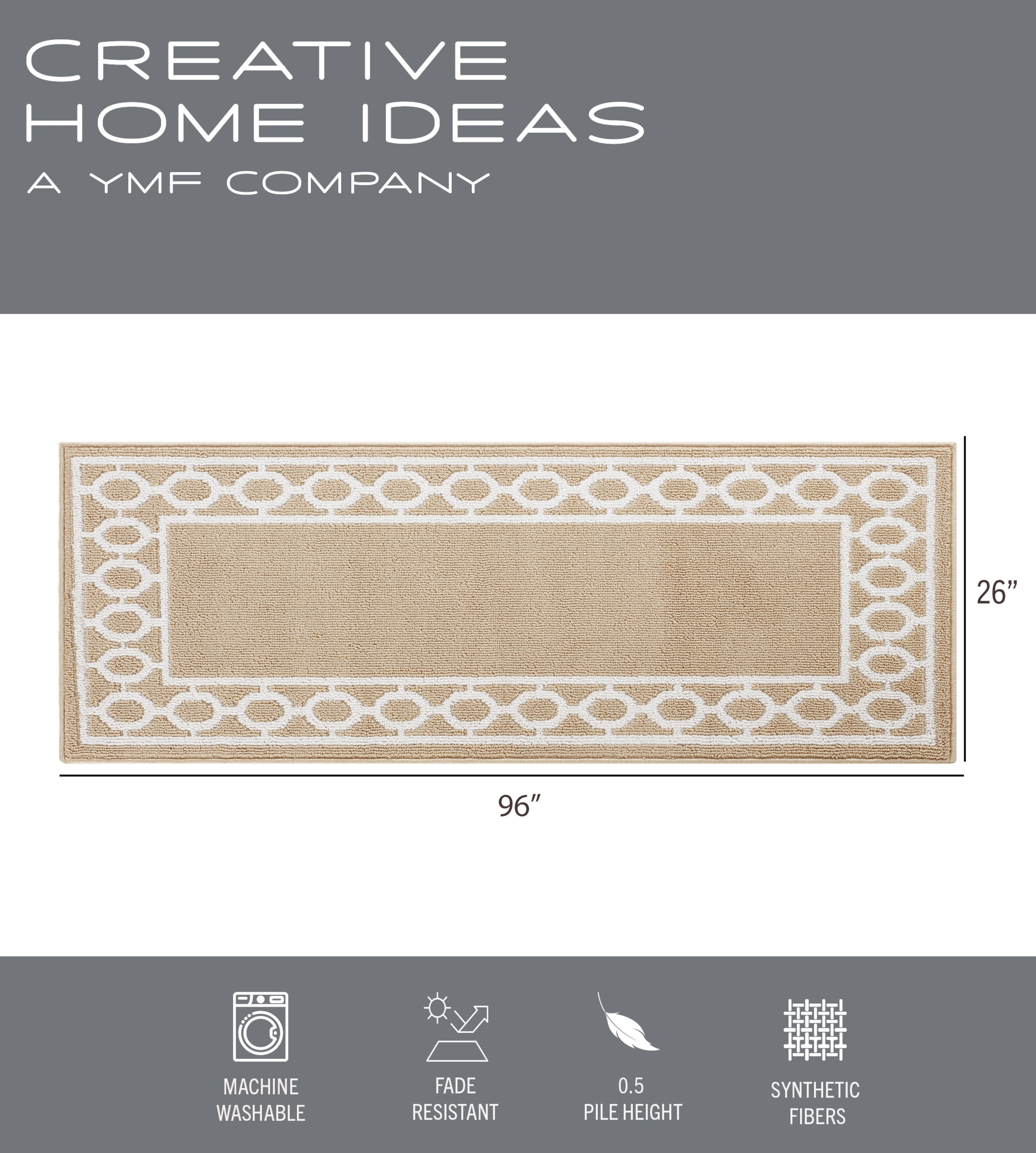 Washable Skid-Resistant Runner Rug, Trellis Border, Beige and White, 26" x 96"