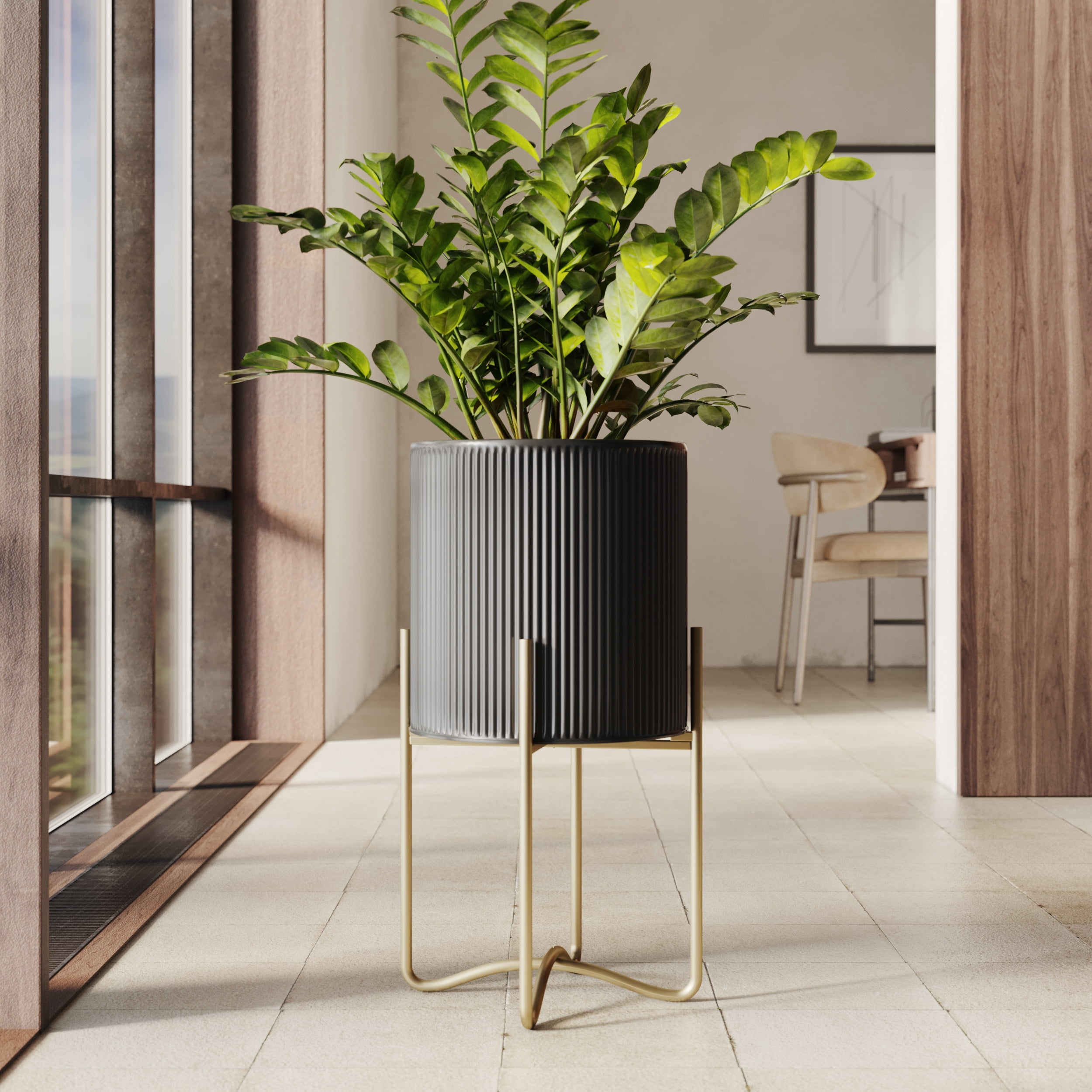 Everett Black Mid-Century Modern Indoor Metal Pot Planter with Tall Metal Base - 25.25" H x 13.25" W