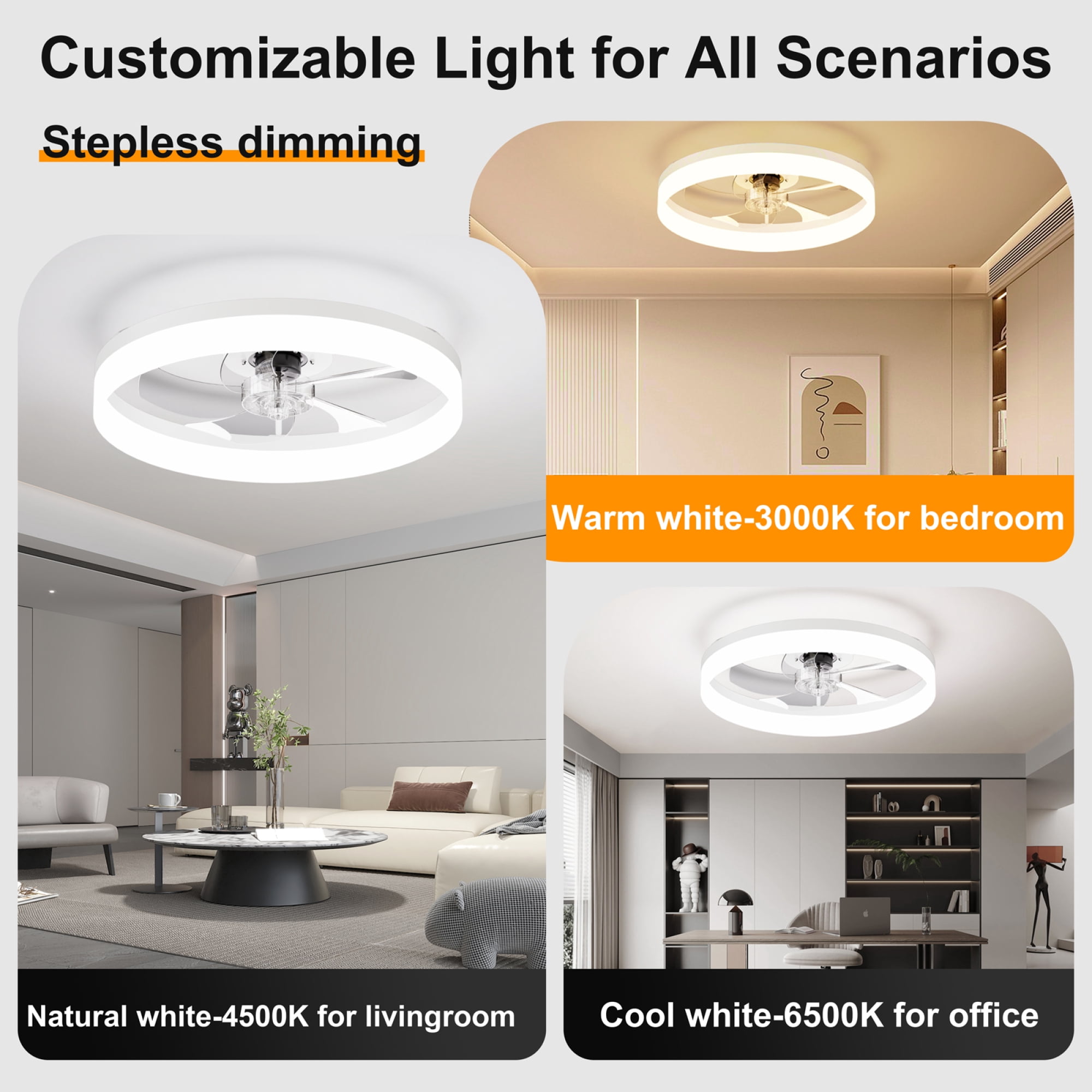 Leumius 19.7" LED Ceiling Fan Light with Remote and App Control, 6 Speeds, Dimmable, 3000K-6500K, Flush Mount Fandelier for Bedroom White