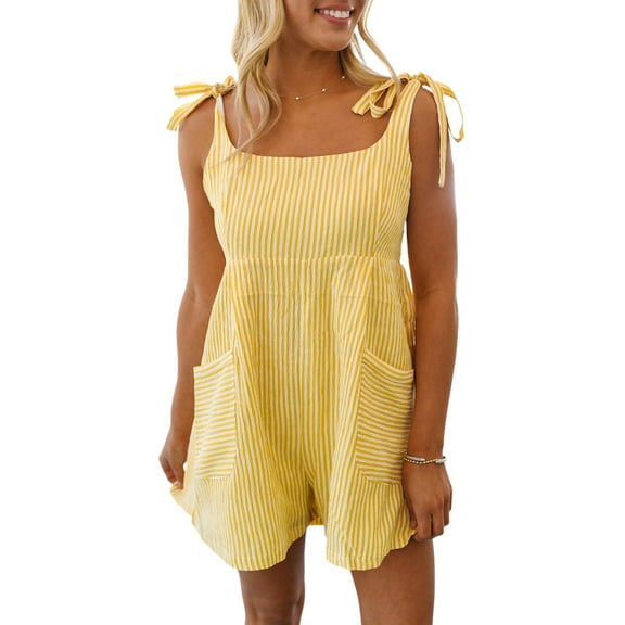 Women's Bright Yellow Stripe Shoulder Tie Smocked Back Wide Leg Casual Romper | [ZhiHiMeRi] | (US 12-14)L