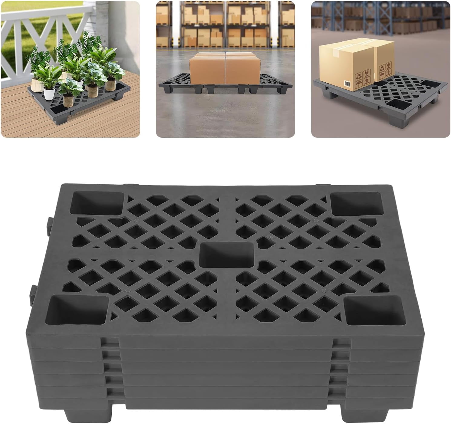 6 Pcs Plastic Pallets 15 x 24 Inch, Waterproof Stackable Storage Floor Pallet Basement Display Pad for Garage, Supermarket, Warehouse, Support Up to 220 Lbs Black