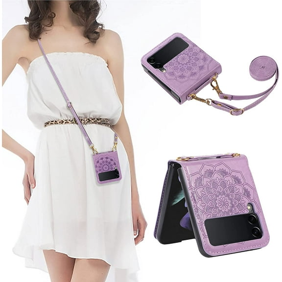 Premium Leather Case for Samsung Galaxy Z Flip 3 5G 2021 with Hinge Protection,Mandala Flower Women Phone Case with Adjustable Crossbody Shoulder Strap,Purple