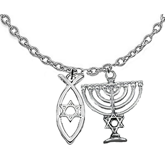 Messianic, Yeshua,  Silvertone Christian Fish With Star Of  David Inside   With A Menorah  Adjustable Necklace,  What A Great Gift For Yourself, A Friend, Or Family Member.Hypoallergenic-Safe©2024