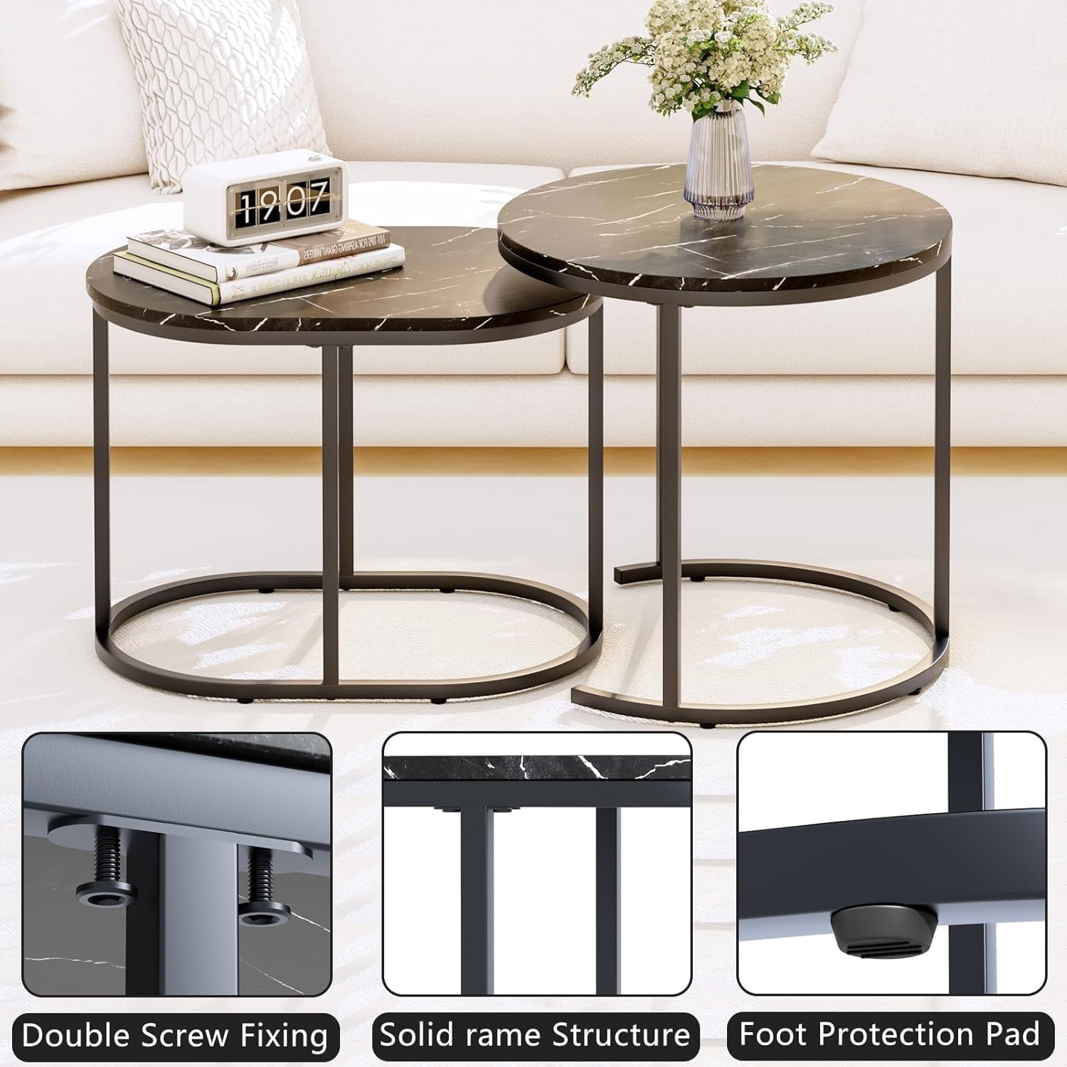 aboxoo Nesting Coffee Table Set of 2 Modern Round Black Faux Marble Wood Table,Side Table Gold Metal Frame Oval End Table Small Space for Living Room,Bedroom,Studio Apartment Essential