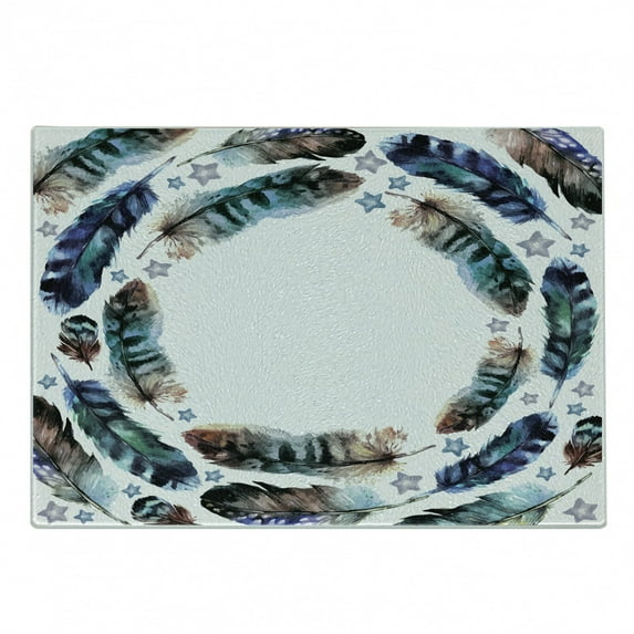 Ethnic Cutting Board, Spiral Vortex Concentric Form Design Feather with Curved Little Stars Image, Decorative Tempered Glass Cutting and Serving Board, Small Size, Purple Teal, by Ambesonne