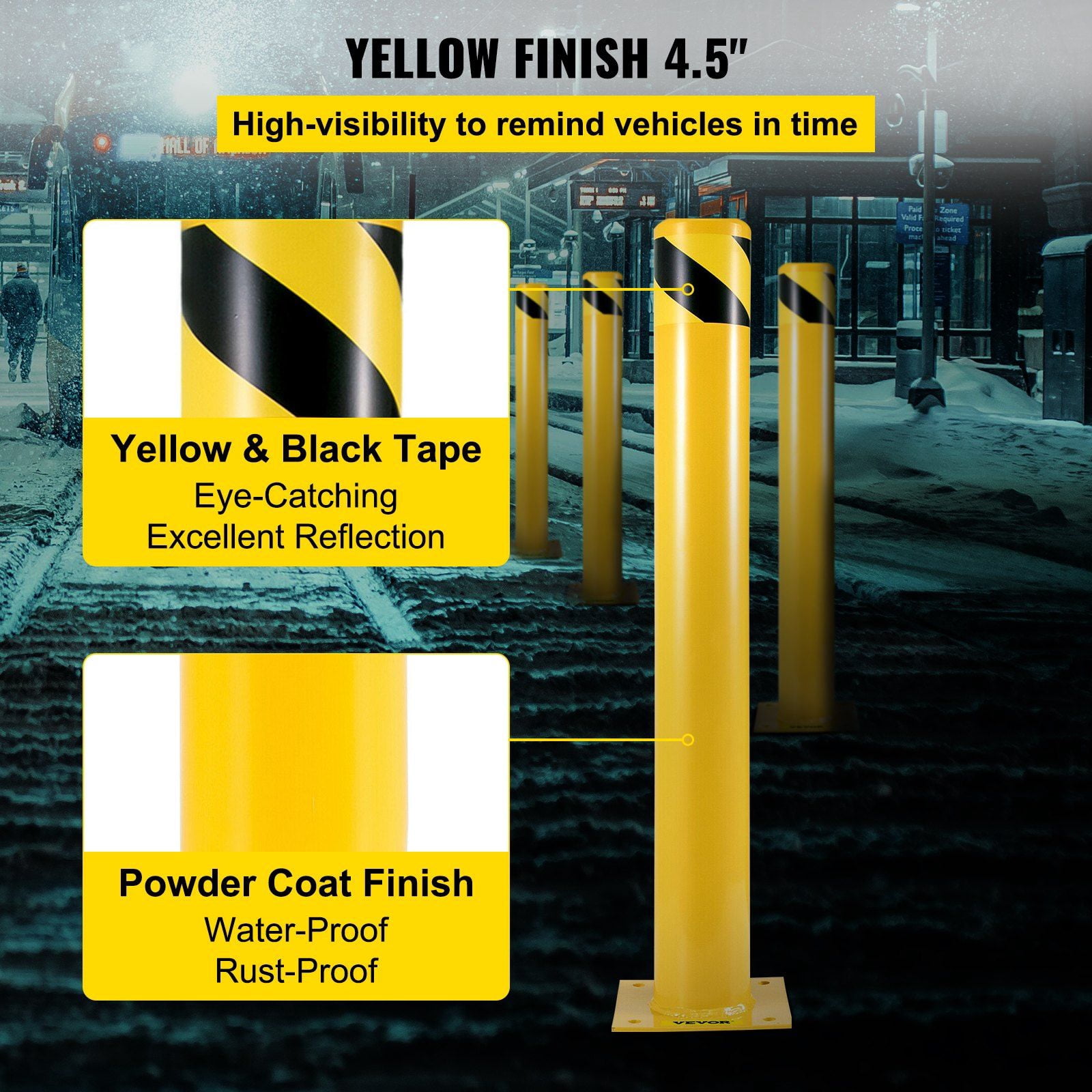 Safety Bollard 48"x4.5" Safety Barrier Bollard 4-1/2" OD 48" Height Yellow Powder Coat Pipe Steel Safety Barrier with 4 Free Anchor Bolts for Traffic-Sensitive Area