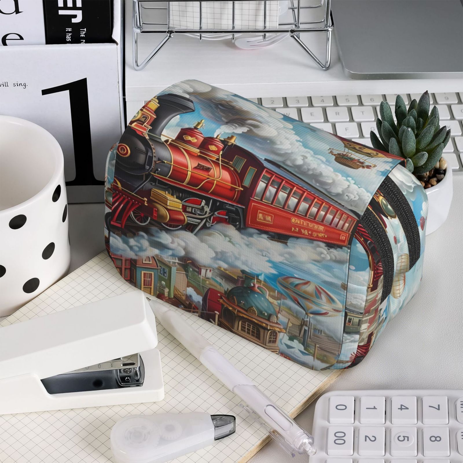Rateoe Red Train Hot Air Balloon Pattern Double Clamshell Pen Case, Storage Organizer with Two Zipper Compartments– Holds Up to 50 Pencils & Pens