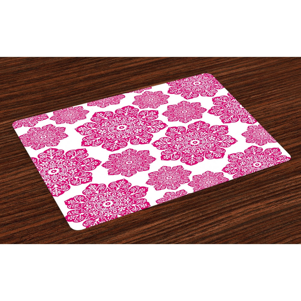 Hot Pink Placemats Set of 4 Ethnic Batik Floral Arrangement with