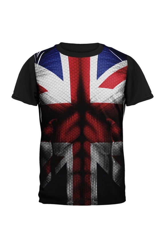 Halloween Union Jack British Flag Superhero Costume All Over Mens Black Back T Shirt Multi SM