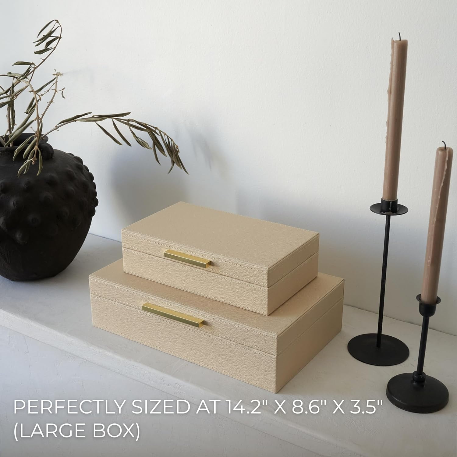 Decorative storage boxes with lids – a two-piece set of elegant PU leather organizer boxes perfect for bookshelf home décor – securely and stylishly store photos, documents, and keepsakes.