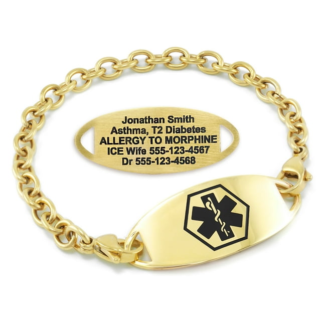 MedicEngraved Yellow Gold Stainless Steel Custom Medical Alert Bracelet - 5mm Oval Link