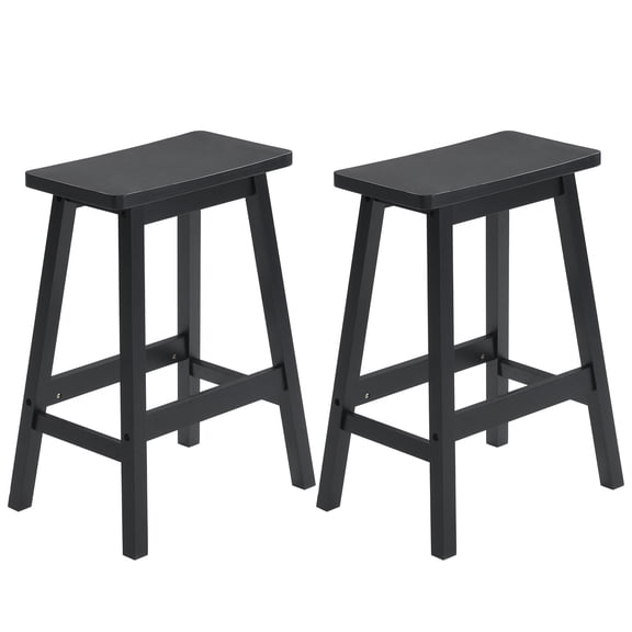Set of 2 Black Pine Wood Saddle Seat Bar Stools with Foot Rest – Counter & Bar Height Stools for Kitchen, Home Bar, Patio
