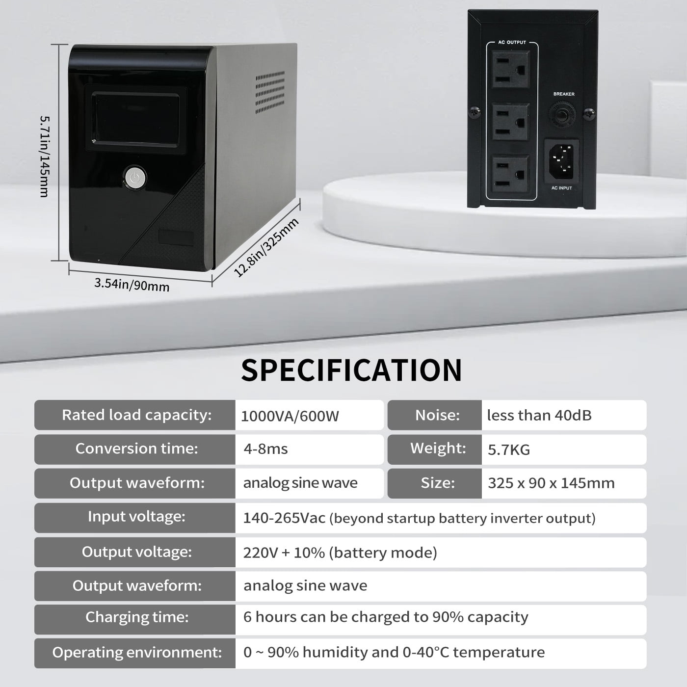 Backup UPS Power Supply 1000VA 600W Battery Backup Power with 3 Outlets and LCD Display, Suitable for Home and Office