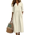 thumbnail image 2 of QIYAGBSA Summer Dresses for Women Cotton Linen 3/4 Sleeve Relaxed Fit Midi Dress with Pockets and Side Slits Casual Vacation (White, S), 2 of 7