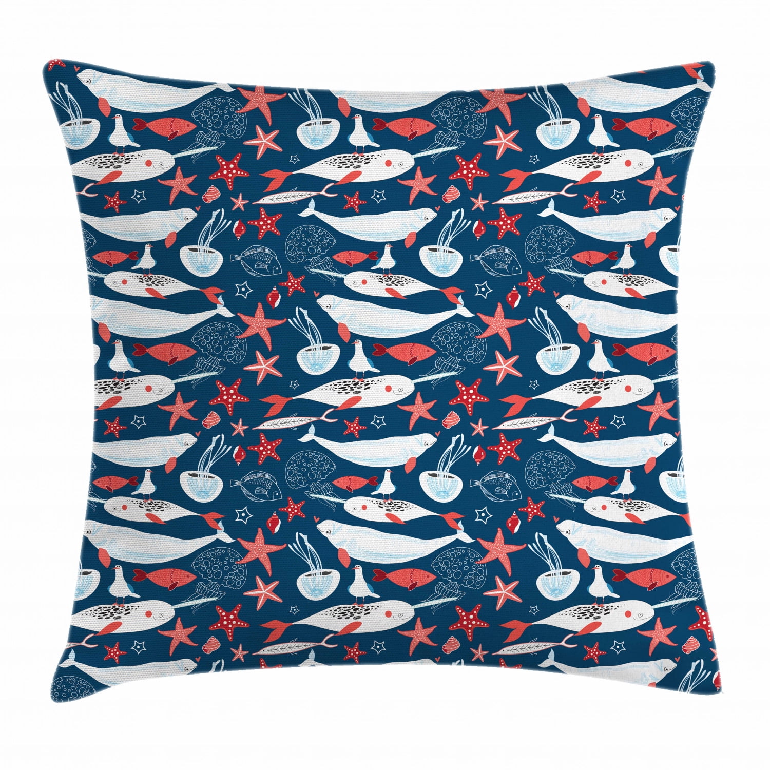Narwhal Throw Pillow Cushion Cover, Arctic Ocean Fauna with School