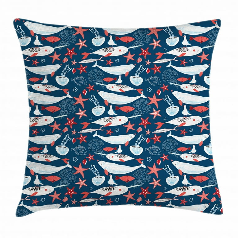Narwhal Throw Pillow Cushion Cover, Arctic Ocean Fauna with School