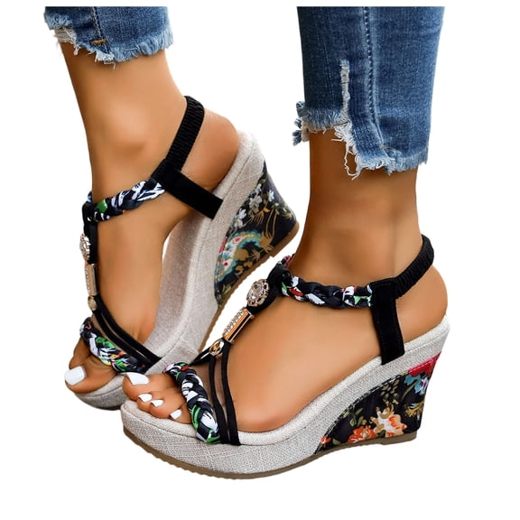 Platform Wedge Heels for Women Espadrilles Sandals Comfortable Open Toe Ankle Strap Boho Dressy Summer Slip on Shoes Black Size 7