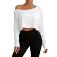 thumbnail image 5 of Womens Off Shoulder Long Sleeve Crop Tops Boat Neck Loose Asymmetry T Shirt (White XXL), 5 of 7