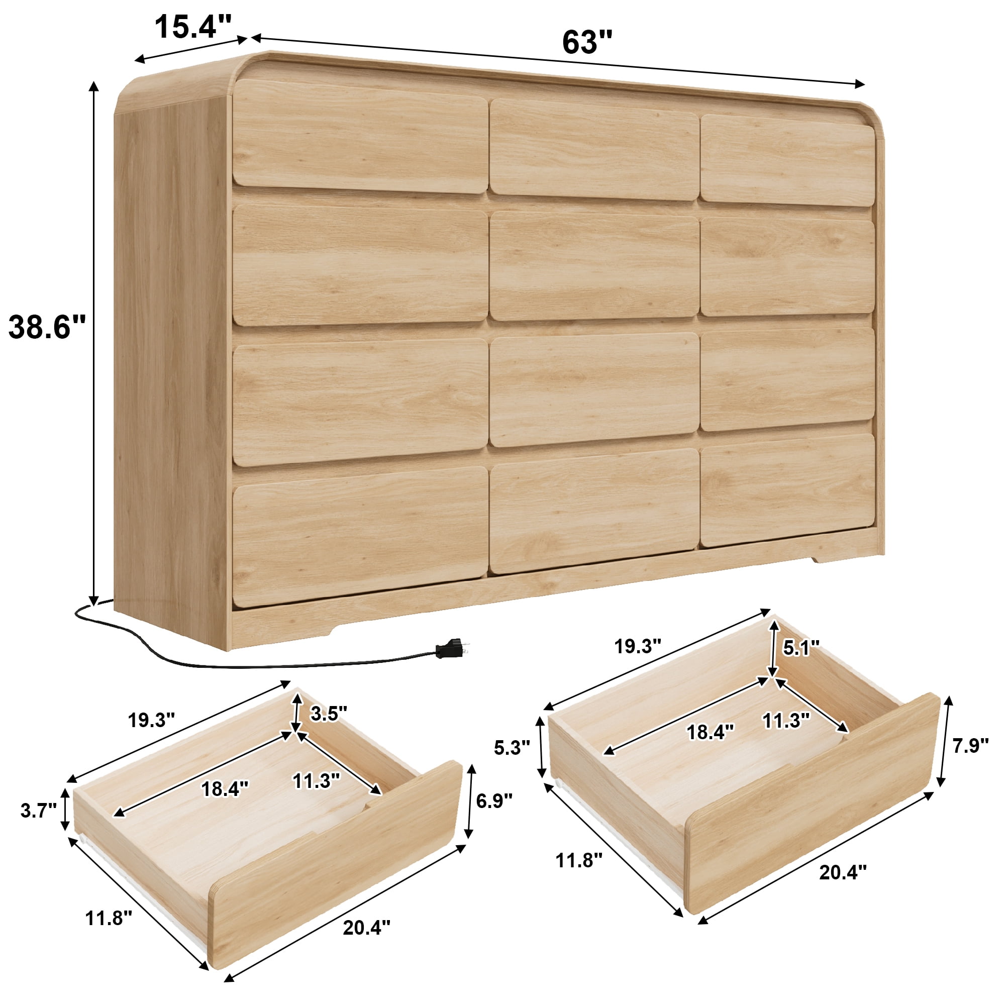 ANPOO 12 Drawers Dresser for Bedroom, 63"W Dressers & Chest of Drawers w/Power Outlet, Curved Design, Wood Mid Century Storage Cabinet, Natural Texture, for Bedroom, Hallway, Oak