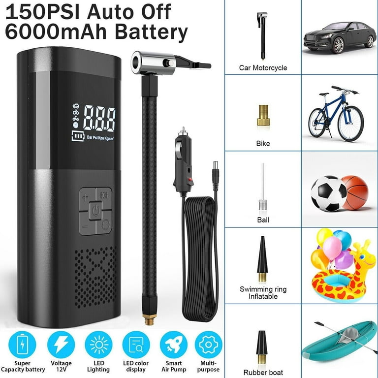  IVOCAR Car Electric Air Pump, Portable Wired/Wireless Digital  Touch Air Compressor 150PSI with LED Light and Nozzle for Car Bicycle Balls  : Automotive