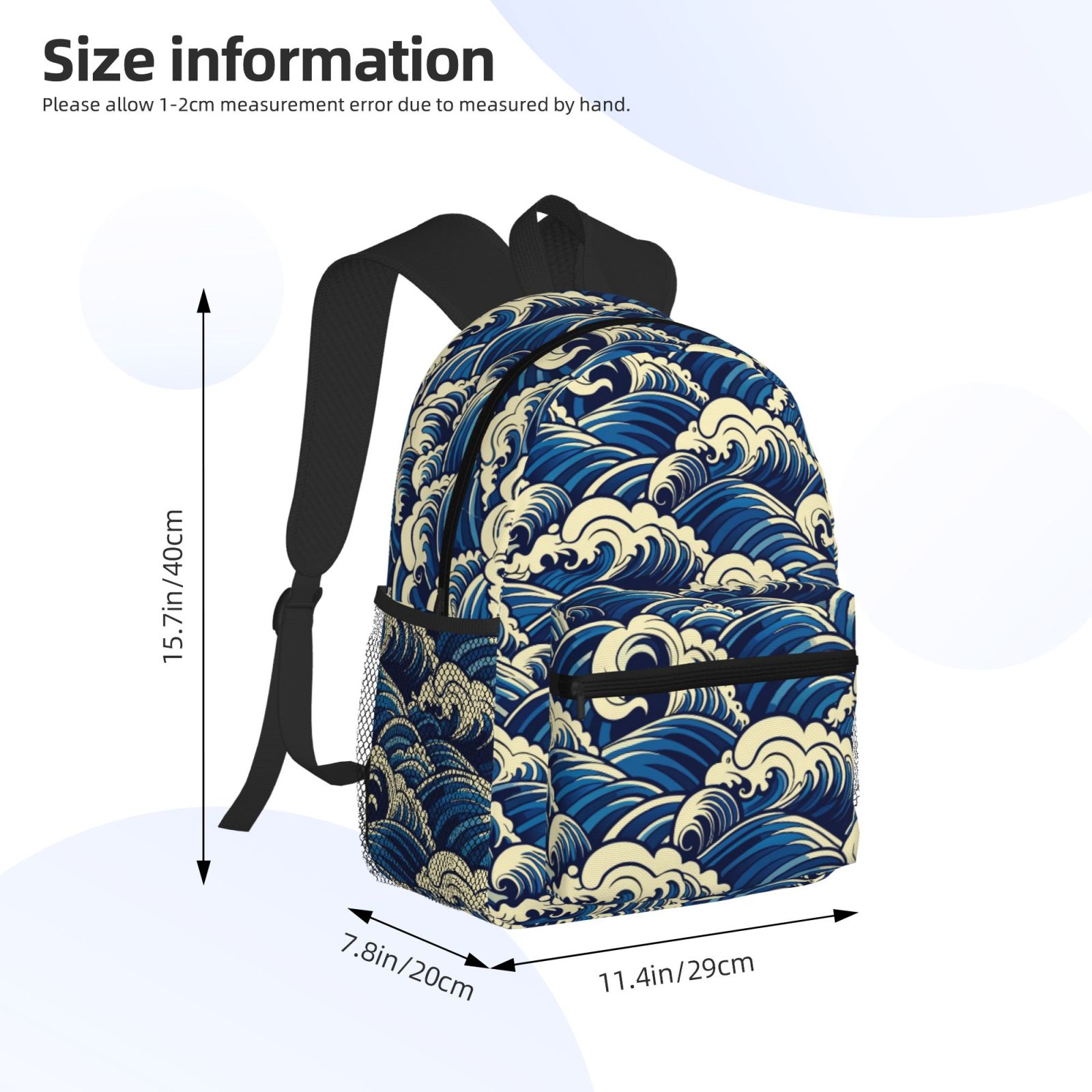 Gukieu Japanese Water Wave Print Backpack, Waterproof Backpack with Adjustable Shoulder Straps, Suitable for Campus, Business, Travel, Unisex