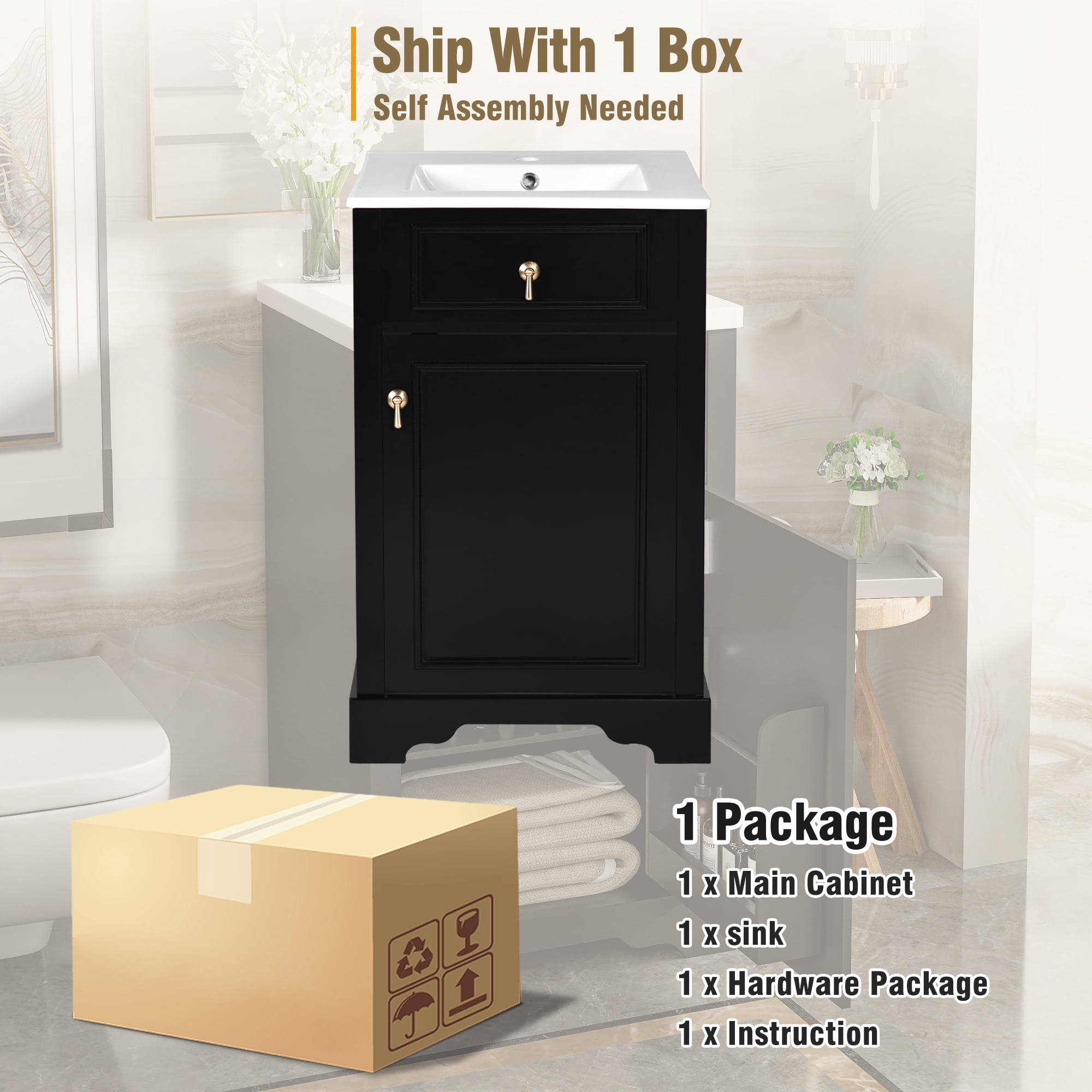 EUROCO 20" Bathroom Vanity with Ceramic Sink,Solid Wood Bathroom Makeup Cabinet with Soft Close Door,Adjustable Shelf, Drawer and Door-Mounted Storage Rack,Black