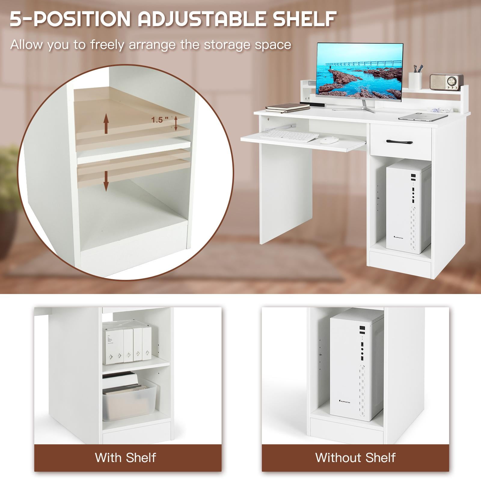 Giantex  Computer Desk, Home Office Desk w/Adjustable Shelf & Keyboard Tray, tudy Writing Desk, White