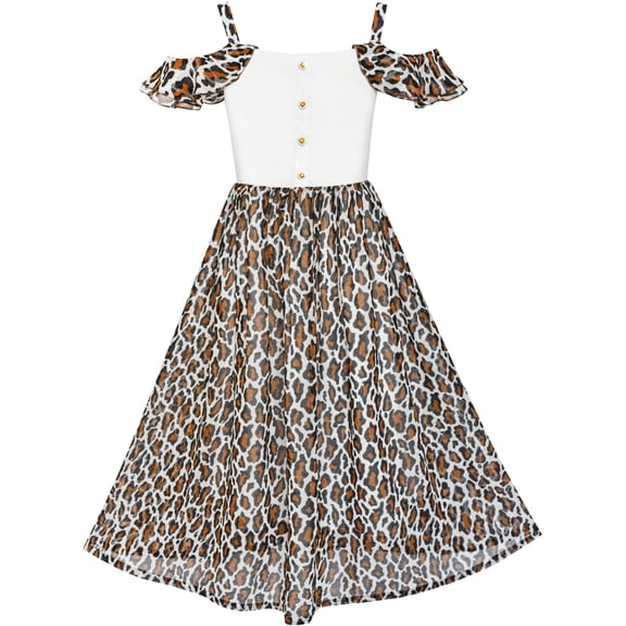 Girls Dress Chiffon Leopard Print Cold Shoulder Maxi Dress 7