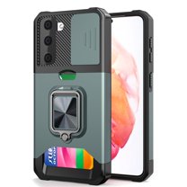 Kickstand Case for Samsung Galaxy S22 Ultra, Dteck Slide Cover Heavy Duty Armor with Rotate Ring Stand Card Holder Slot, Support Car Magnetic Mount, Shockproof Wallet Cover,Darkgreen