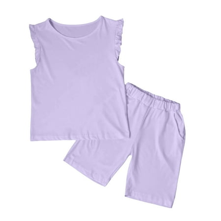 

EHQJNJ 1St Birthday Girl Outfit Outfits for Teen Kids Girls Child Sleeveless Solid T Shirt Girls Tops Ruffles Vest Shorts Set White Outfits Travel Outfits