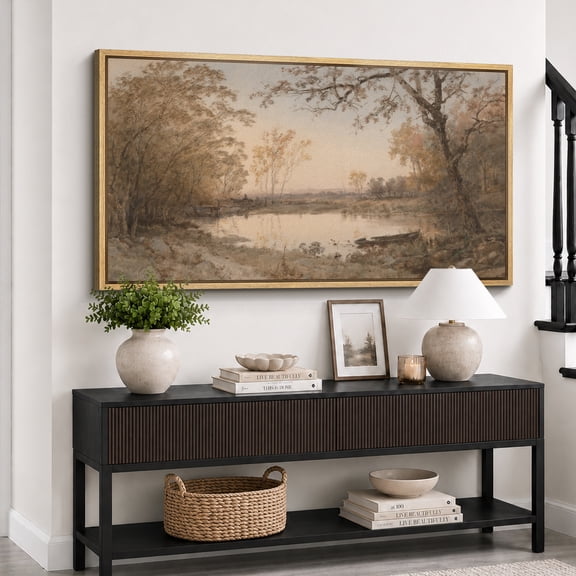 Large Framed Canvas Wall Art Vintage River Woodland Landscape Print for Living Room Decoration - 60"x30" Natural Frame