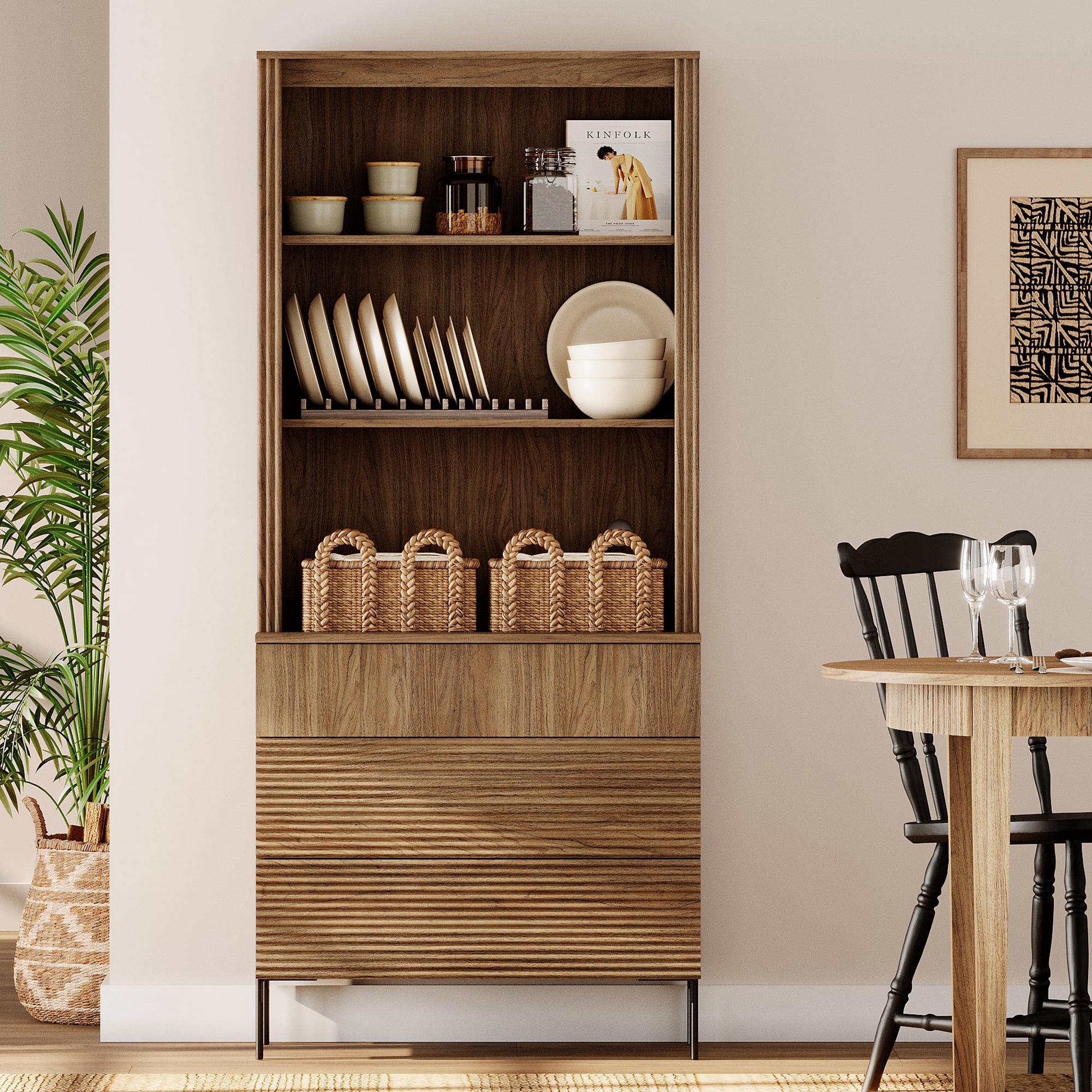 31.5"W Fluted Kitchen Hutch Sideboard with Adjustable Shelves, Wooden Modern Buffet Hutch Cabinet with 3 Drawers And 3 Tier Shelves