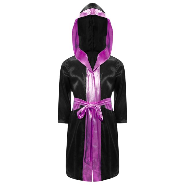 Moggemol Garçons Enfants Robe de Boxe Robe Longueur Complète Cape à Capuche en Satin avec Ceinture Tenue de Boxe d'Halloween Noir&Rose 10
