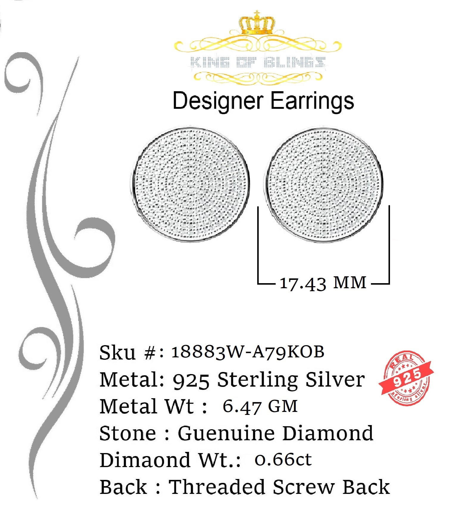 King of Bling's 0.60ct Diamond 925 Sterling Silver White Hip Hop Men's & Women's Stud Earrings
