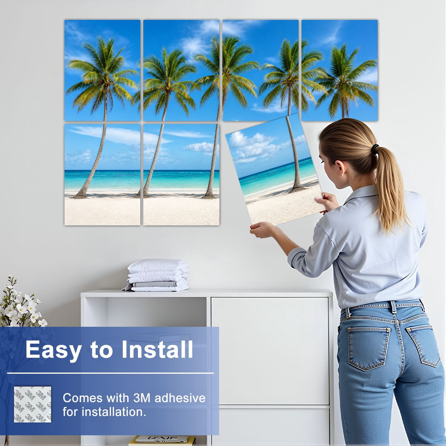 8 Pack Art Acoustic Panels Sound Absorbing Coconut Palm trees white sandy beach Decorative Soundproof Wall Panels Self Adhesive for Nursery Game Room Bedroom 48"x32"