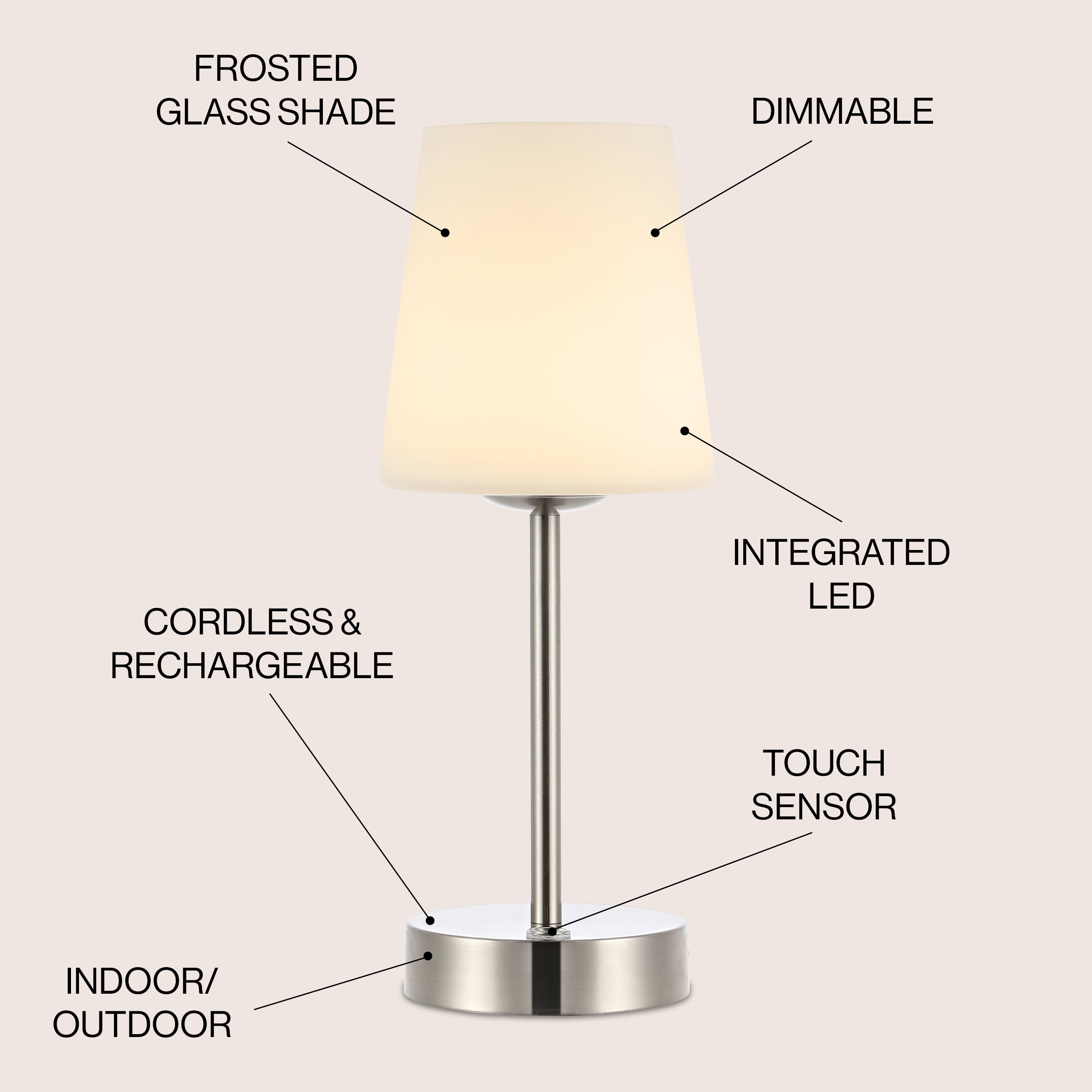 JONATHAN Y Carson 12.75" Modern Minimalist Iron Rechargeable Integrated Portable LED Table Lamp, Nickel/White, JYL7110A
