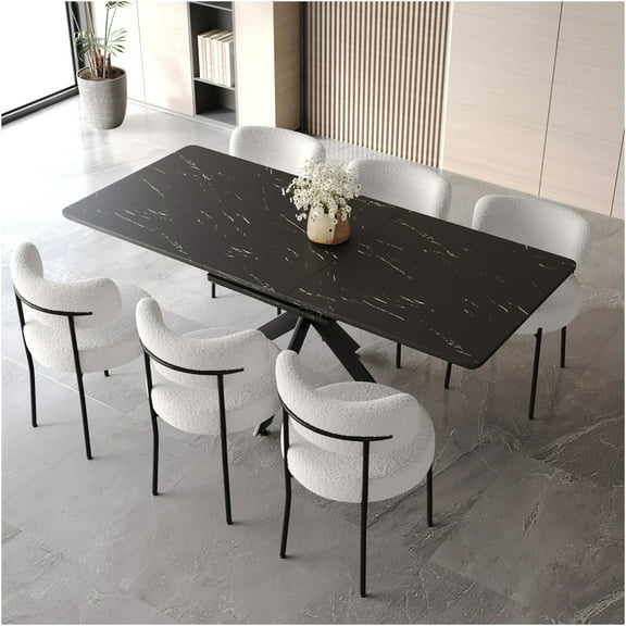 JERFIT Expandable Dining Table Set for 8 with Upholstered Chairs, Modern Kitchen Table with X-Shape Base for Dining Room, Black and White