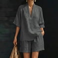 thumbnail image 2 of VBVC Women's 2 Piece Cotton-Linen Outfit Set,Short Sleeve Top and Elastic Waist Shorts for Women,Ladies Lightweight V-Neck Loungewear with Pockets,Dark Gray,S-3XL, 2 of 9