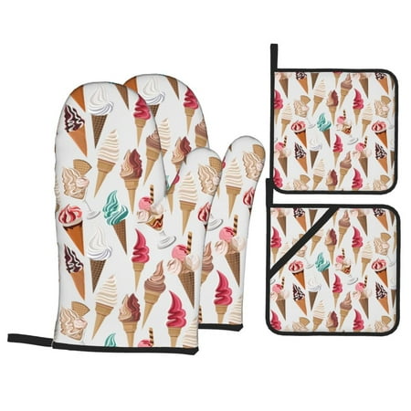 

Oven Mitts and Pot Holders 4 pcs Set Cartoon Ice Cream Print Heat Resistant Pot Holders Oven Mitts for kitchen Non-Slip Hanging Loop Oven Glove Potholders for Baking Cooking