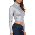 thumbnail image 4 of Sakkas Matte Liquid Mock Neck Turtleneck Long Sleeve Crop Top - Made in USA - Silver - 2X, 4 of 7