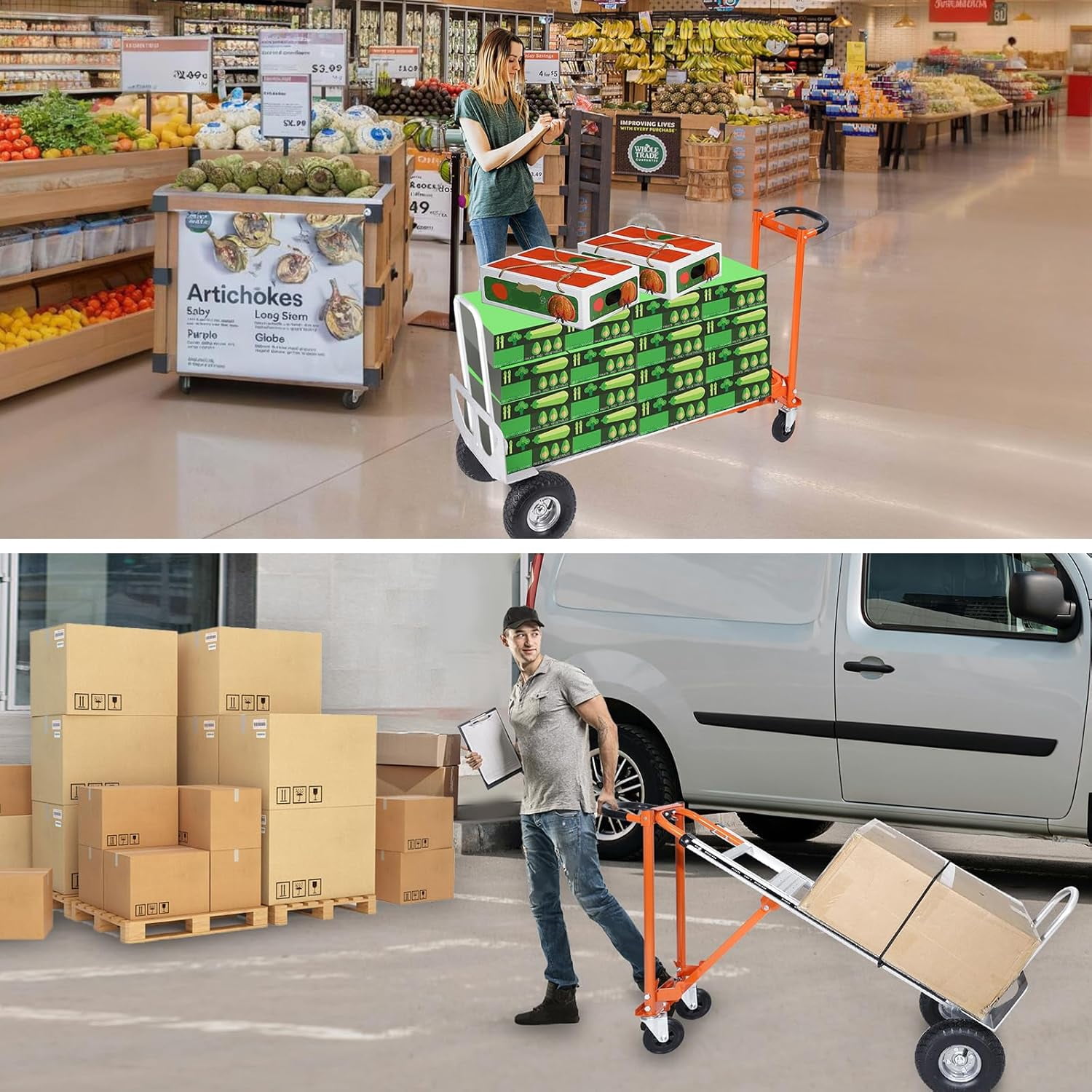 3-in-1 Aluminum Convertible Hand Truck Dolly, 770 lbs Capacity, Industrial Cart with 10" Rubber Wheels, Ergonomic Handle & Extendable Nose Plate